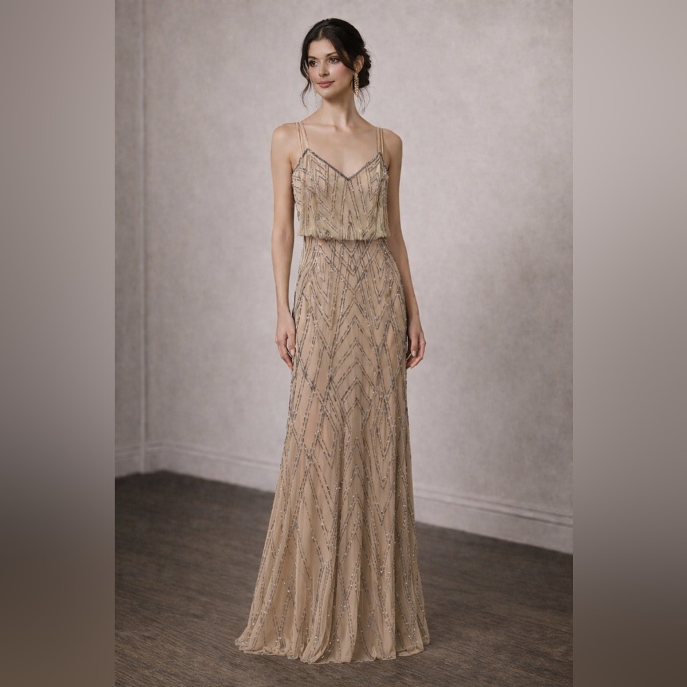 Adrianna Papell NWT SZ 4 Champagne Beaded Evening Gown Art Deco GALA MOB Formal